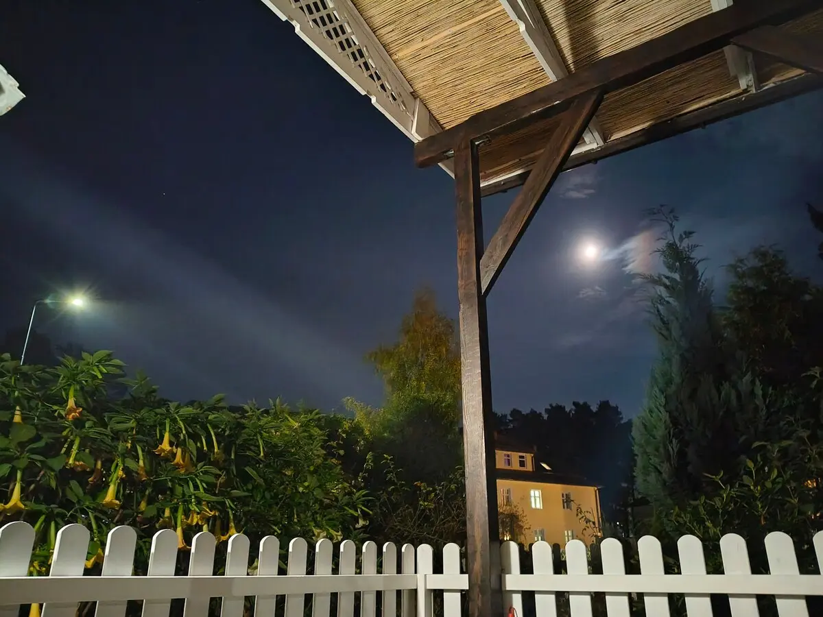 Zadaszony taras i ogród nocą przy pełni księżyca